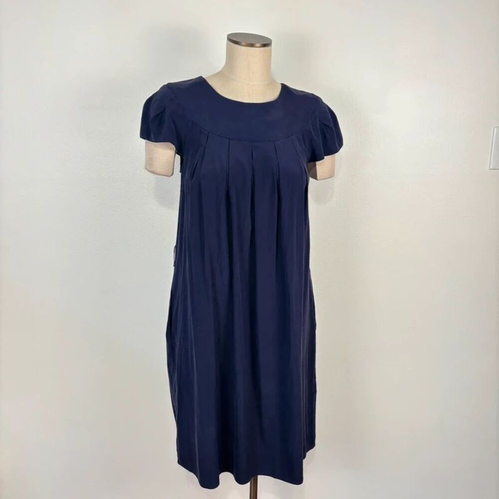 VTG Y2K Suzi Chin Maggy Boutique Silk Dress 8 Navy Blue Pleated Babydoll Shift